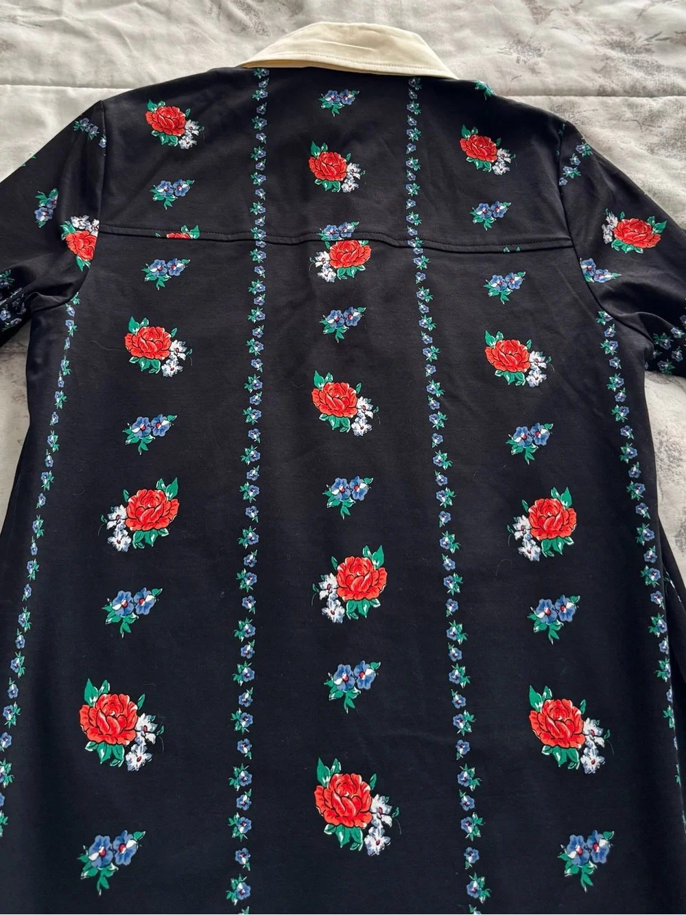 Tory Burch Black Floral Polo lined Dress with Cream Collar, size XS luxury boho